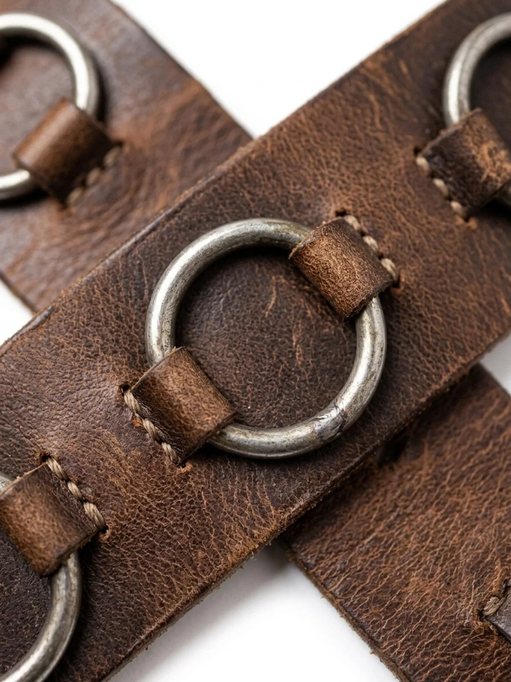 Vintage Distressed Brown Leather O-Ring Belt Genuine Leather